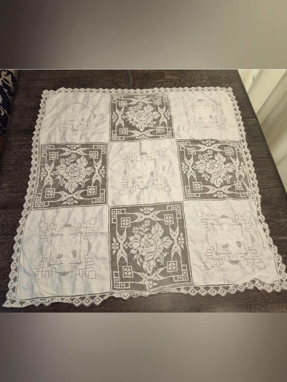 Beautiful Antique Filet Lace & Embroidery Tablecloth 33" x 33"